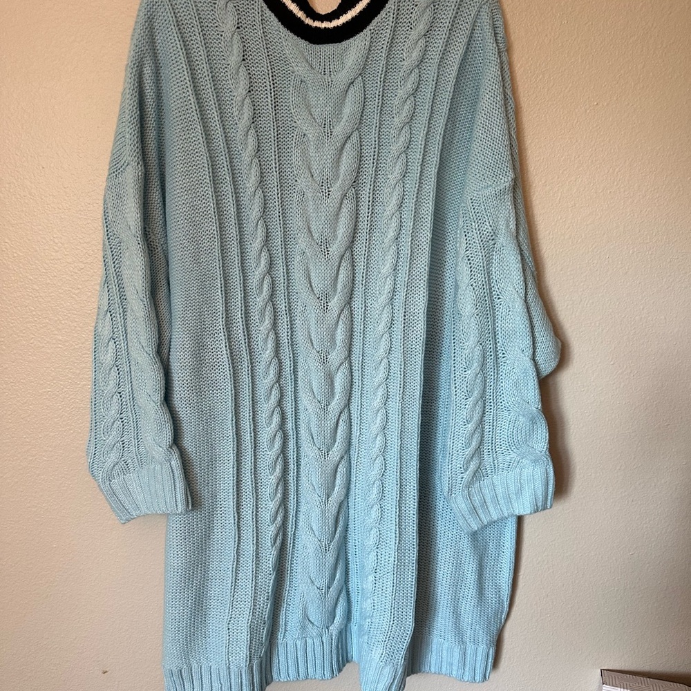 Torrid Blue Cable Knit Cardigan with Black and White Trim - Picture 2 of 4